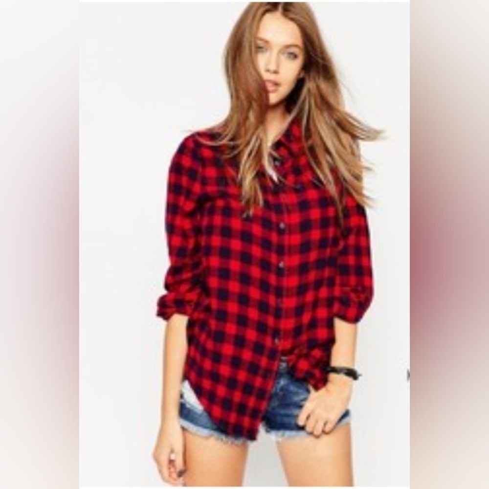 New ASOS Red Plaid Buffalo Check Boyfriend Style Flannel Shirt Size 6 Small